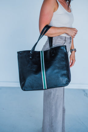 Black + Green Stripe Vegan Tote - Aspen Lane 