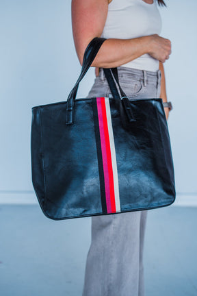 Black + Multi Stripe Vegan Tote - Aspen Lane 