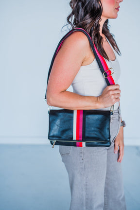 Black + Multi Stripe Vegan Crossbody, Belt Bag + Clutch - Aspen Lane 