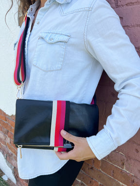 Black + Multi Stripe Vegan Crossbody, Belt Bag + Clutch - Aspen Lane 