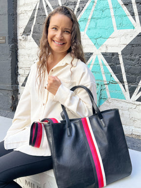 Black + Multi Stripe Vegan Tote - Aspen Lane 