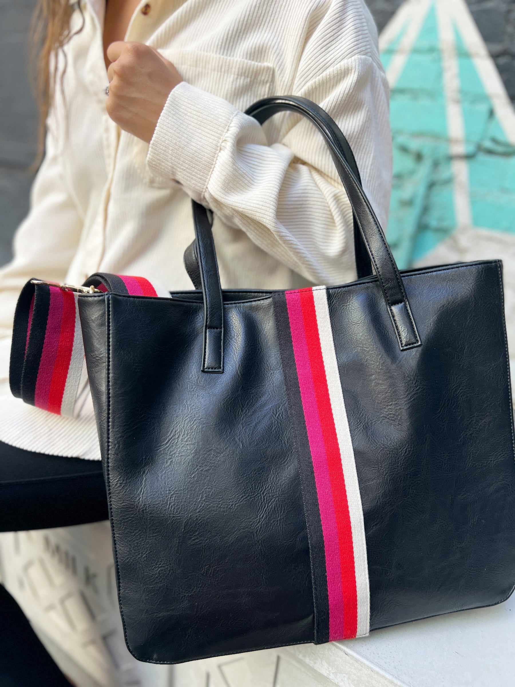 Black + Multi Stripe Vegan Tote - Aspen Lane 