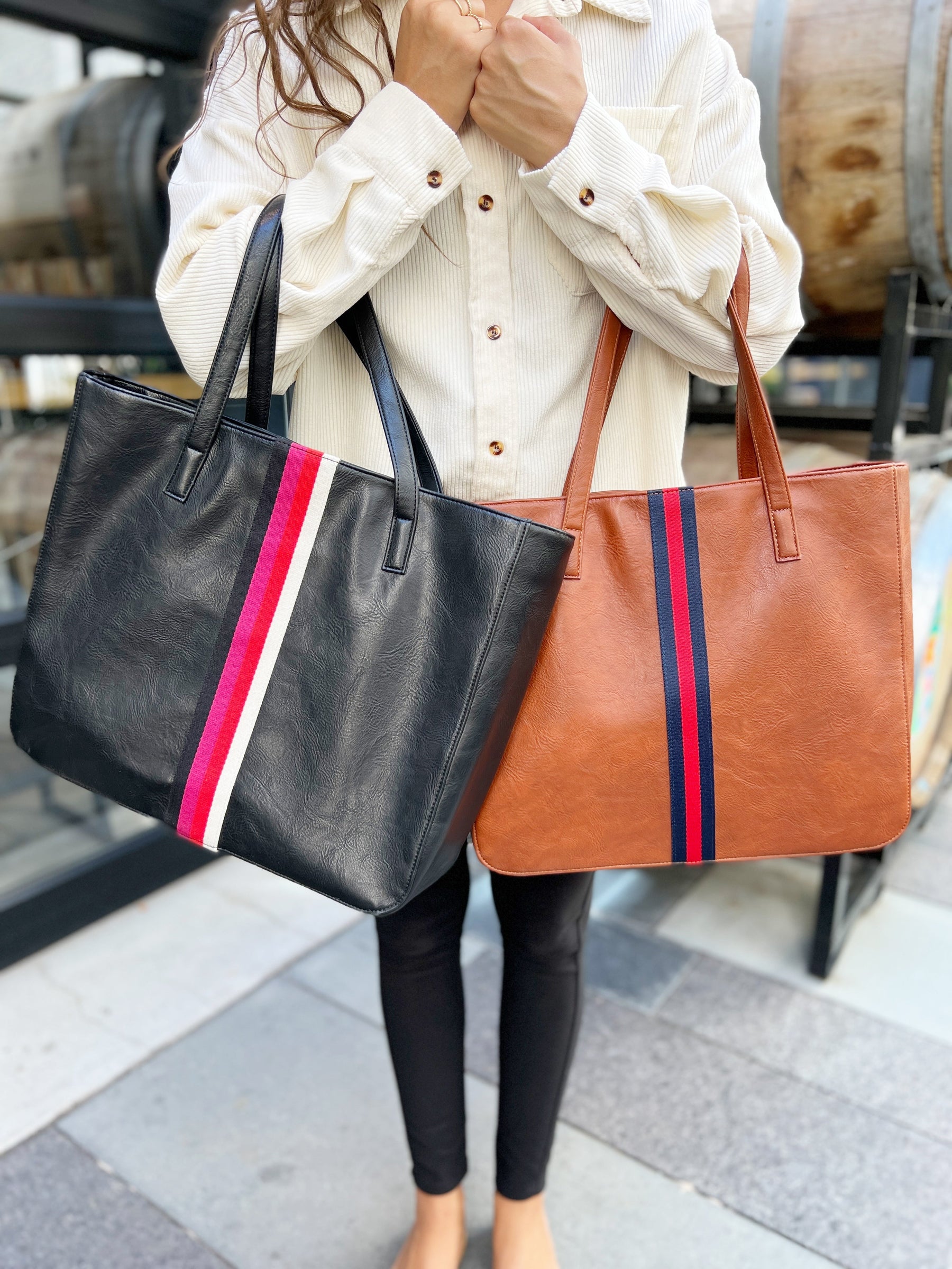 Black + Multi Stripe Vegan Tote - Aspen Lane 